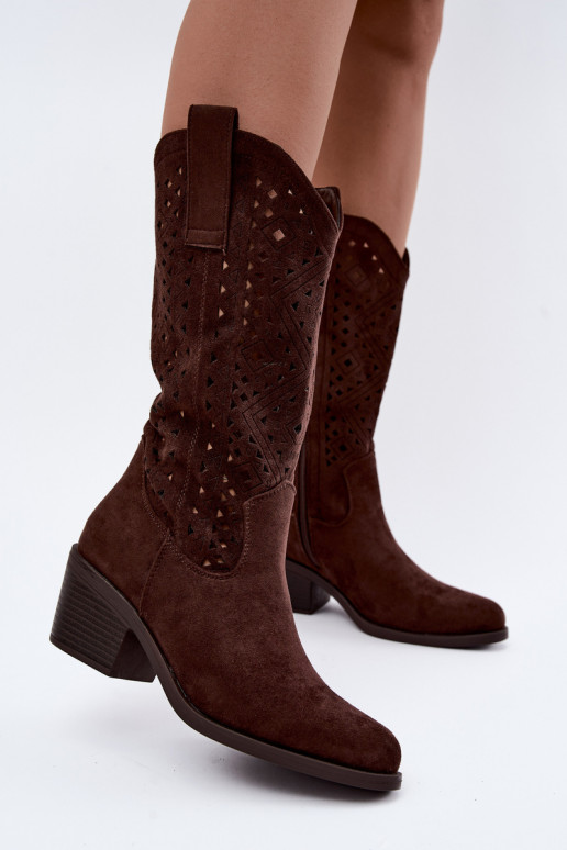 botas altas con elementos recortados en estilo vaquero con tacones S.Barski HY62-8126 en color chocolate