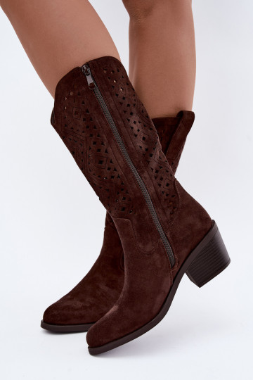 botas altas con elementos recortados en estilo vaquero con tacones S.Barski HY62-8126 en color chocolate 2