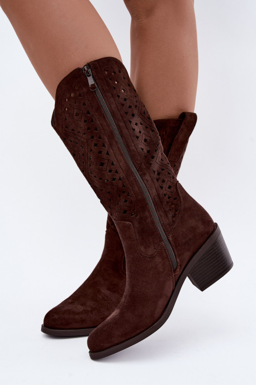 botas altas con elementos recortados en estilo vaquero con tacones S.Barski HY62-8126 en color chocolate