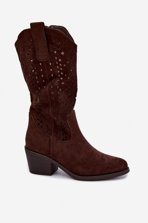 botas altas con elementos recortados en estilo vaquero con tacones S.Barski HY62-8126 en color chocolate