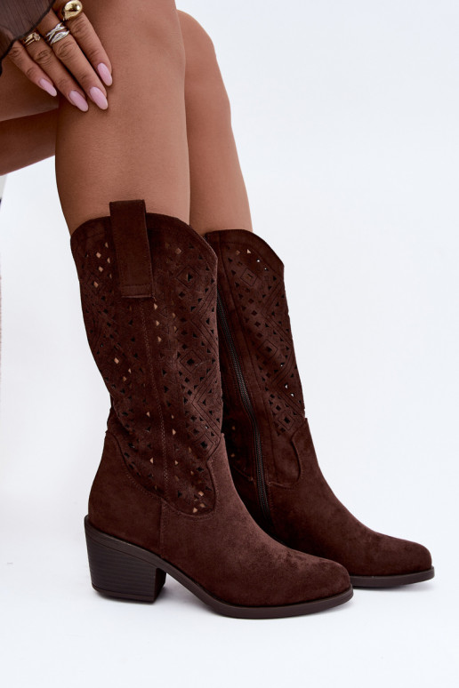 botas altas con elementos recortados en estilo vaquero con tacones S.Barski HY62-8126 en color chocolate