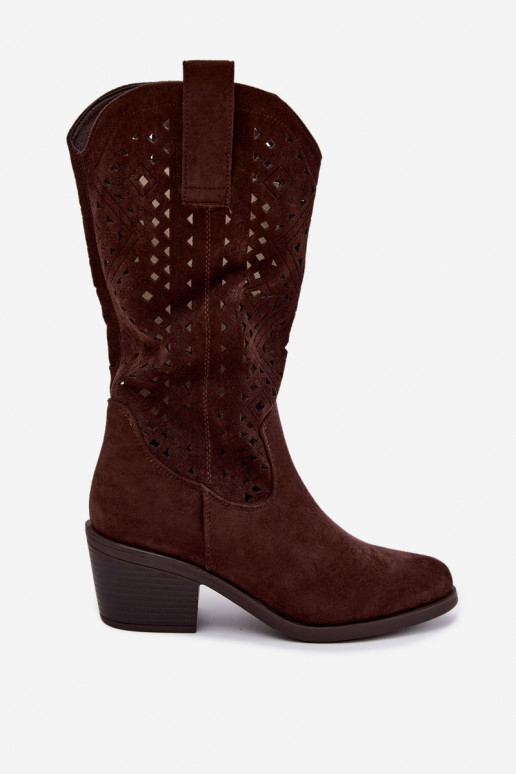 botas altas con elementos recortados en estilo vaquero con tacones S.Barski HY62-8126 en color chocolate