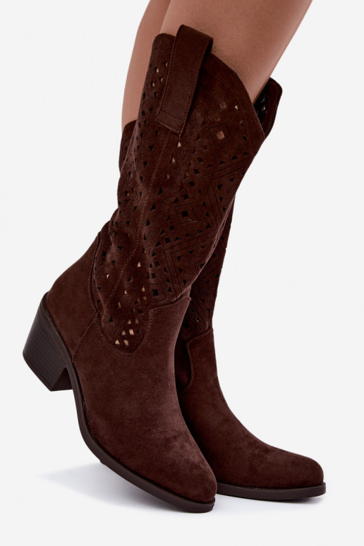 botas altas con elementos recortados en estilo vaquero con tacones S.Barski HY62-8126 en color chocolate