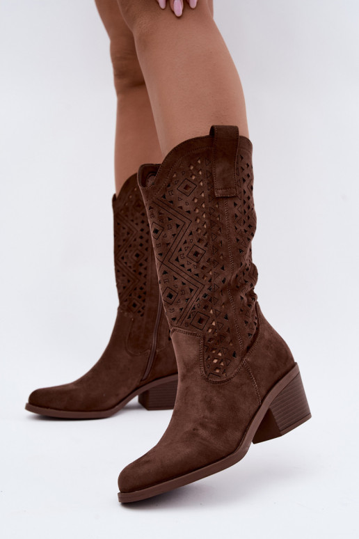 botas altas con elementos recortados en estilo vaquero con tacones S.Barski HY62-8126 en color marrón