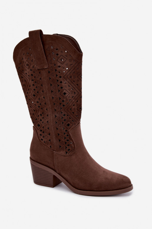 botas altas con elementos recortados en estilo vaquero con tacones S.Barski HY62-8126 en color marrón