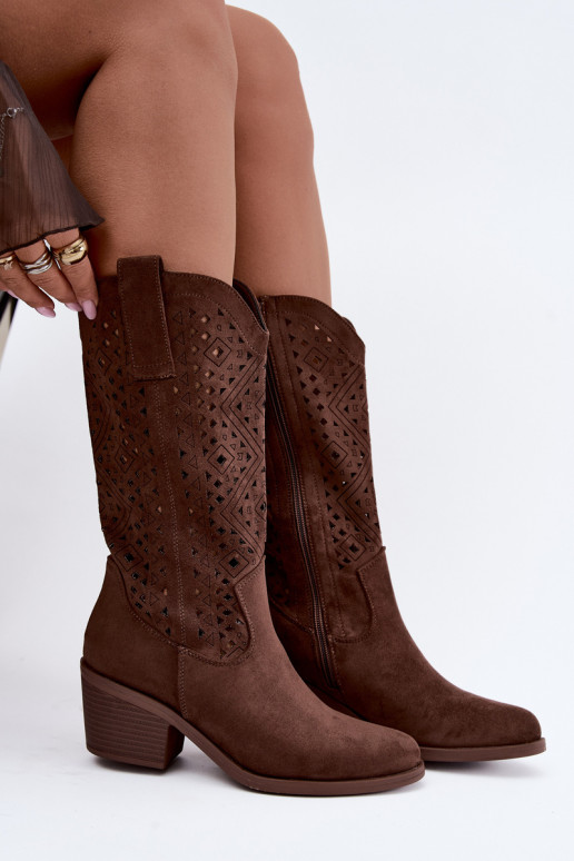 botas altas con elementos recortados en estilo vaquero con tacones S.Barski HY62-8126 en color marrón