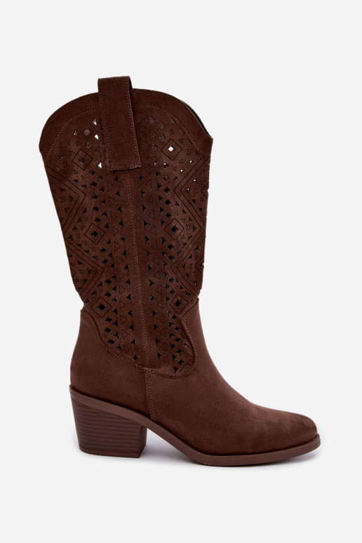 botas altas con elementos recortados en estilo vaquero con tacones S.Barski HY62-8126 en color marrón