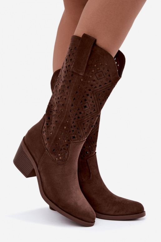 botas altas con elementos recortados en estilo vaquero con tacones S.Barski HY62-8126 en color marrón