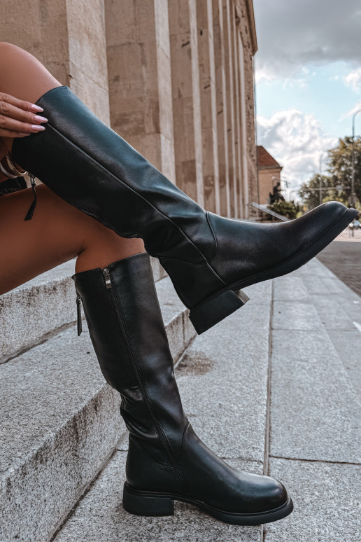Botas negras de cuero sintético para mujer hasta la rodilla con tacones anchos y forro D&A JC62-1036