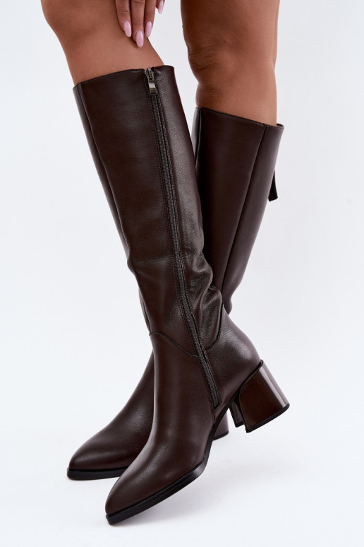 Botas largas de cuero para mujer forradas con tacones D&A JC62-1069 chocolate