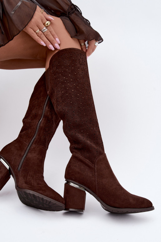 Botas largas con elementos recortados y tacones S.Barski HY62-8122 chocolate