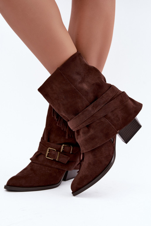 Botines de estilo cowboy con flecos, cintas y hebillas chocolate Corvella
