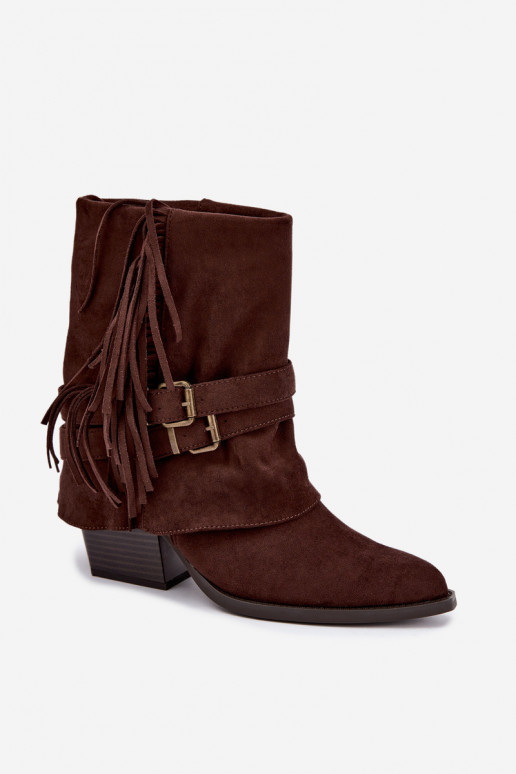 Botines de estilo cowboy con flecos, cintas y hebillas chocolate Corvella