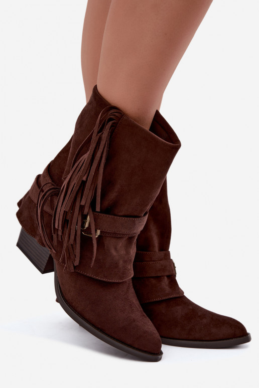 Botines de estilo cowboy con flecos, cintas y hebillas chocolate Corvella