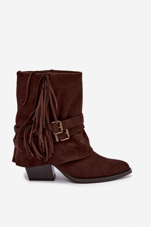 Botines de estilo cowboy con flecos, cintas y hebillas chocolate Corvella
