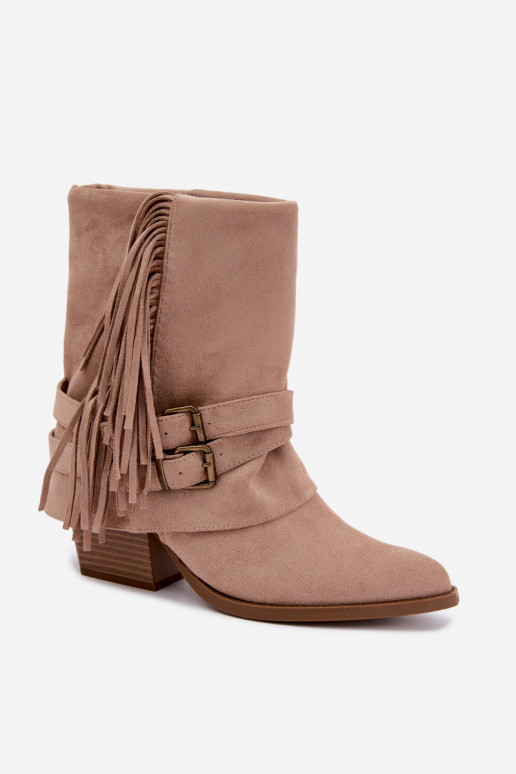 Botines de estilo cowboy con flecos, cintas y hebillas arena Corvella