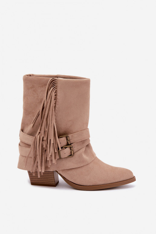 Botines de estilo cowboy con flecos, cintas y hebillas arena Corvella