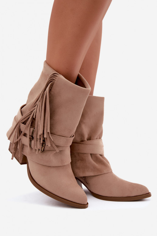 Botines de estilo cowboy con flecos, cintas y hebillas arena Corvella