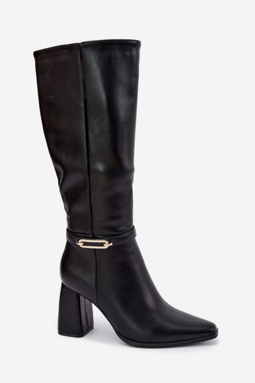 Botas altas cálidas con correas decorativas y tacón bloque en negro Luvessa