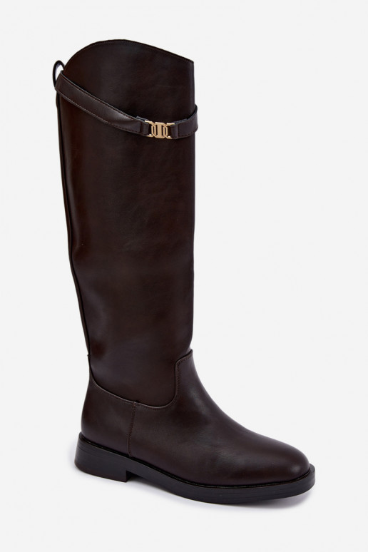 Botas altas para mujer con tacones anchos y correas decorativas en color chocolate Tarelle