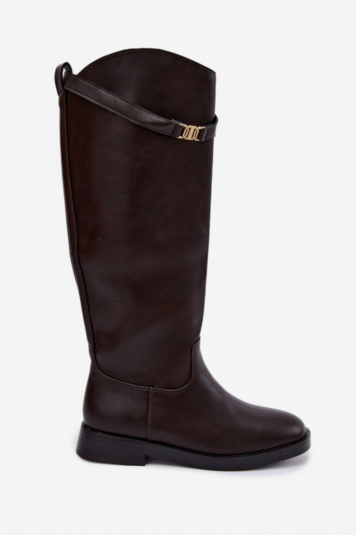 Botas altas para mujer con tacones anchos y correas decorativas en color chocolate Tarelle