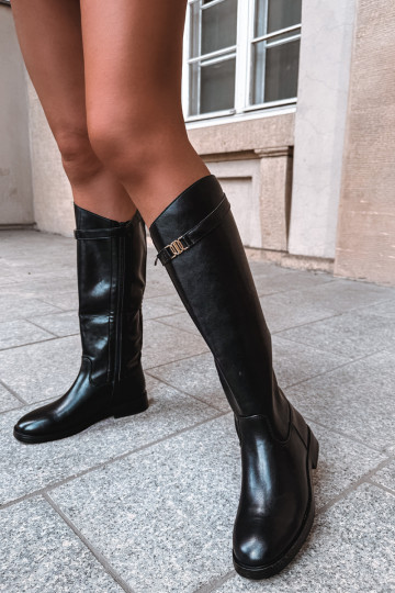 Botas altas negras para mujer con tacones anchos y correas decorativas Tarelle