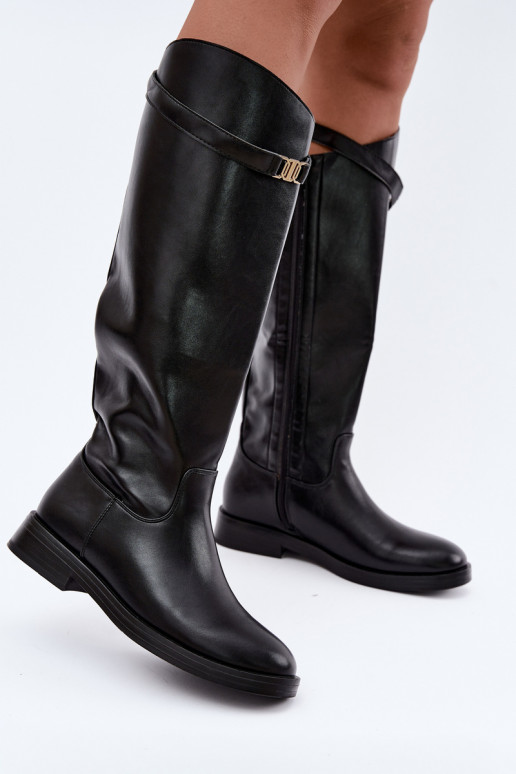 Botas altas negras para mujer con tacones anchos y correas decorativas Tarelle