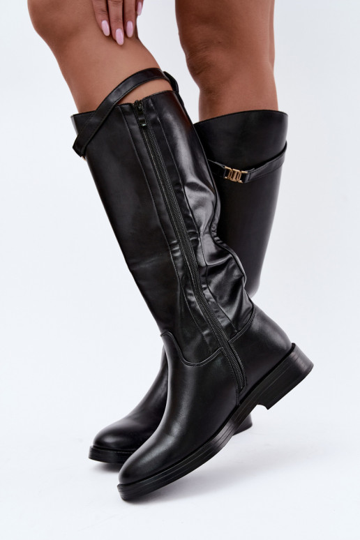 Botas altas negras para mujer con tacones anchos y correas decorativas Tarelle