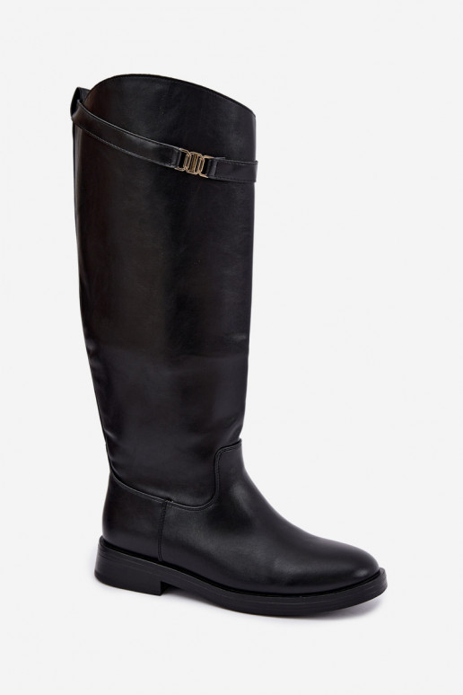 Botas altas negras para mujer con tacones anchos y correas decorativas Tarelle