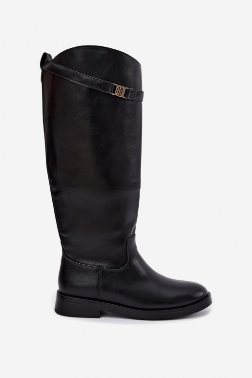 Botas altas negras para mujer con tacones anchos y correas decorativas Tarelle