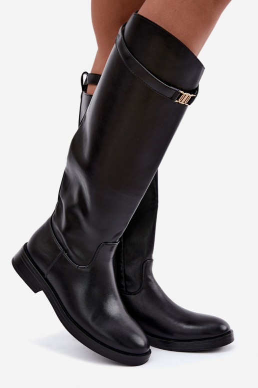 Botas altas negras para mujer con tacones anchos y correas decorativas Tarelle