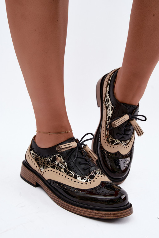 Zapatos de cuero para mujer con cordones y borlas Tai turiciejka K7816-01 en negro