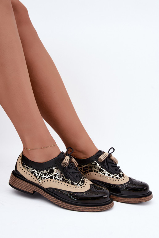 Zapatos de cuero para mujer con cordones y borlas Tai turiciejka K7816-01 en negro