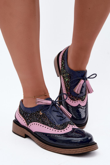 Zapatos de cuero para mujer con cordones y borlas Tai turiciejka K7816-17 en azul oscuro