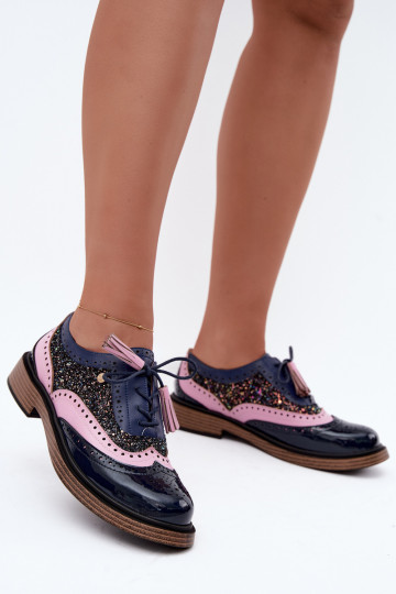 Zapatos de cuero para mujer con cordones y borlas Tai turiciejka K7816-17 en azul oscuro 2