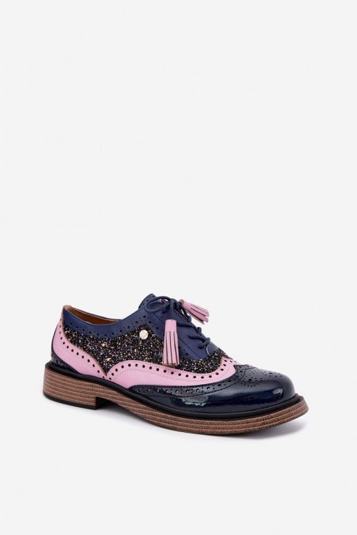 Zapatos de cuero para mujer con cordones y borlas Tai turiciejka K7816-17 en azul oscuro