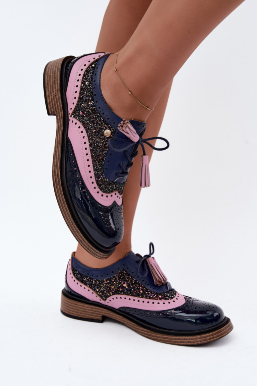 Zapatos de cuero para mujer con cordones y borlas Tai turiciejka K7816-17 en azul oscuro