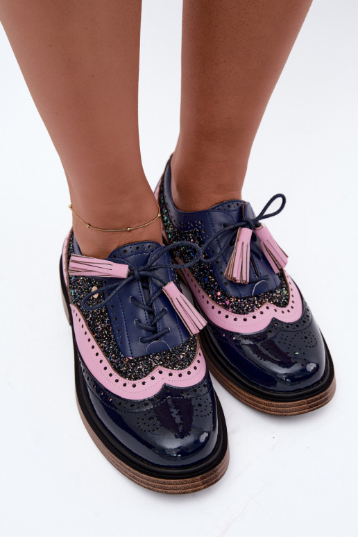 Zapatos de cuero para mujer con cordones y borlas Tai turiciejka K7816-17 en azul oscuro