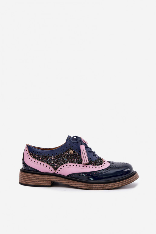Zapatos de cuero para mujer con cordones y borlas Tai turiciejka K7816-17 en azul oscuro
