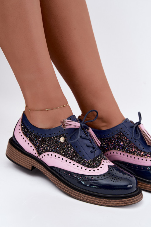 Zapatos de cuero para mujer con cordones y borlas Tai turiciejka K7816-17 en azul oscuro