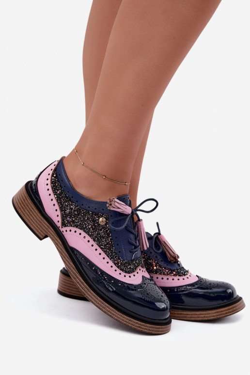 Zapatos de cuero para mujer con cordones y borlas Tai turiciejka K7816-17 en azul oscuro