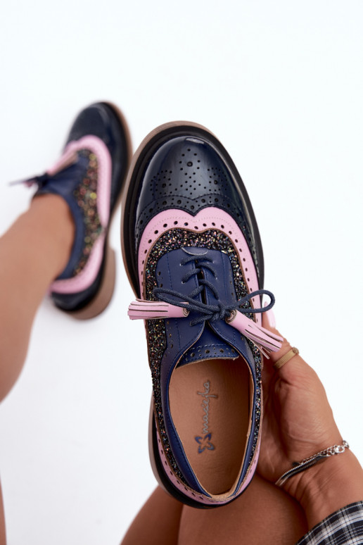 Zapatos de cuero para mujer con cordones y borlas Tai turiciejka K7816-17 en azul oscuro