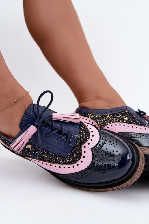 Zapatos de cuero para mujer con cordones y borlas Tai turiciejka K7816-17 en azul oscuro