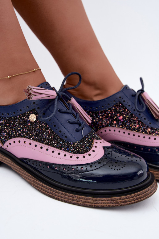 Zapatos de cuero para mujer con cordones y borlas Tai turiciejka K7816-17 en azul oscuro