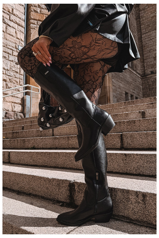 botas altas de cuero natural para mujeres con tacón bajo aisladas Big Star UU274521 color negro