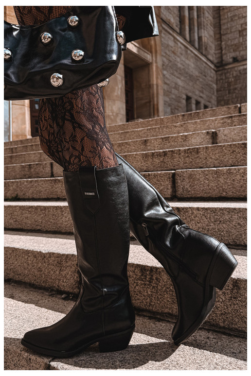 botas altas de cuero natural para mujeres con tacón bajo aisladas Big Star UU274521 color negro