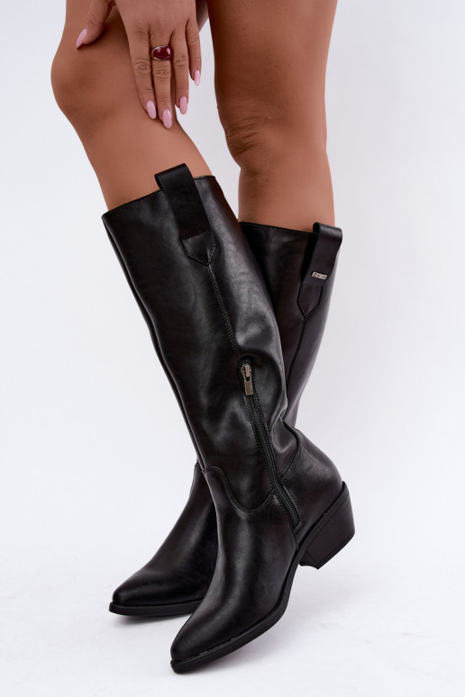 botas altas de cuero natural para mujeres con tacón bajo aisladas Big Star UU274521 color negro