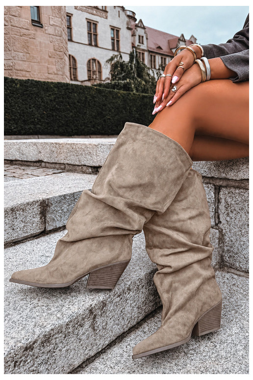 Botas altas kaki para mujer con parte superior curva y tacones de ante Durela
