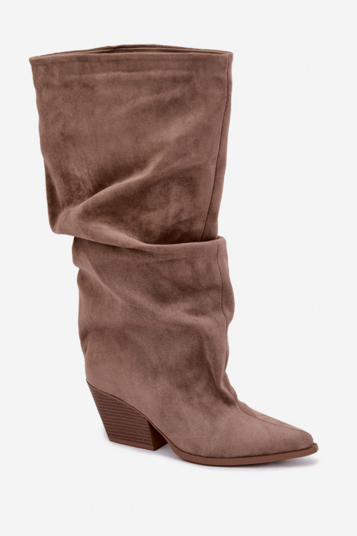 Botas altas kaki para mujer con parte superior curva y tacones de ante Durela