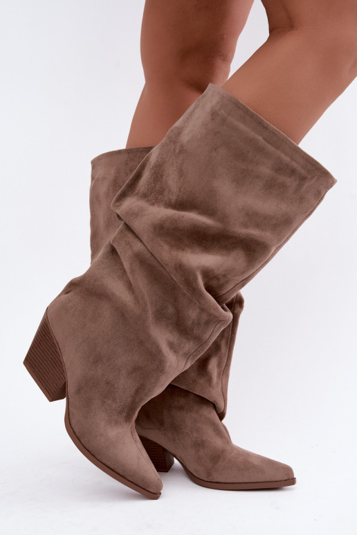 Botas altas kaki para mujer con parte superior curva y tacones de ante Durela